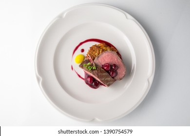 Filet Mignon Beef, Or Pork. Grilled Young Calf Tenderloin With Berries, Mashed Potatoes. Banquet Festive Dishes. Fine Dining Restaurant Menu. White Background. 