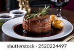 Filet Mignon with Red Wine Reduction: Tender filet mignon drizzled with a rich red wine reduction, offering a melt-in-your-mouth experience balanced by bold, velvety notes of the sauce.