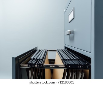 Filing cabinet with open drawer and files inside: data storage and archives