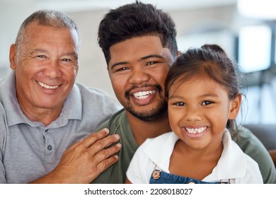 Filipino Family And Happy Portrait With Senior Grandfather And Children Relaxing Together In Home. Father, Parent And Young Girl Enjoy Bonding Time In House With Age Gap Relatives.