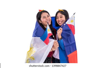 Filipino Woman Holding Philippines National Flag Isolated Over White Background