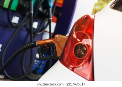 To Fill The Machine With Fuel. Car Fill With Gasoline At A Gas Station. Gas Station Pump.Car Gas Fill Up.