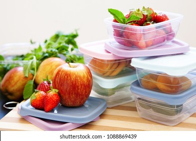 Filled Plastic Containers To Save Food And Fruits Fresh