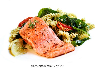 A Fillet Of Atlantic Salmon, Perfectly Cooked, With A Fresh Pasta Salad.