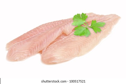 Fillet Of Fish Pangasius. Isolated On White Background.Fresh Fish Filet.