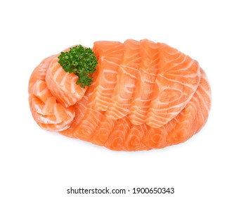 Fillet salmon slices, sashimi isolated on white background, top view.