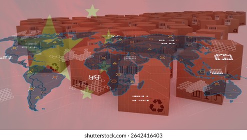 Filling cardboard boxes showing recycling codes in depot, world map network info over Chinese flag. Logistics, sustainability, digital, distribution, supply chain, technology, data analytics