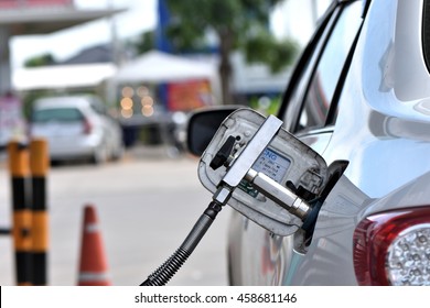 Filling CNG Fuel Tank At A Gas Station, Thailand.