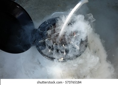 Filling A Liquid Nitrogen. Close Up