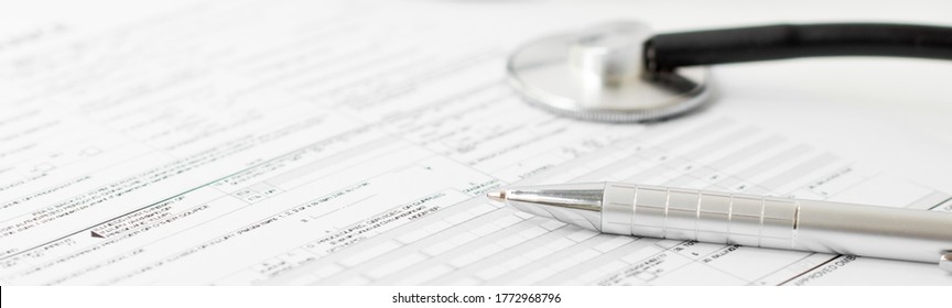 Filling Medical Form, Document And Stethoscope