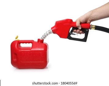 Filling Up Portable Gas Tank With Red Nozzle On White 