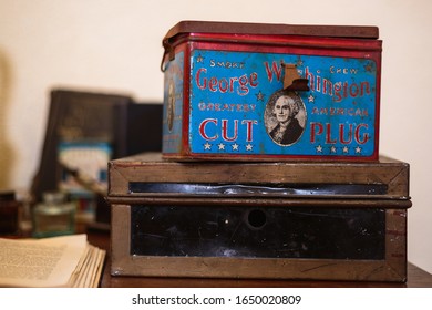 Fillmore, California - April 28 2019: A Vintage Chewing Tobacco Can With George Washington.