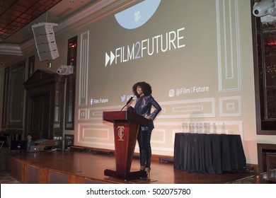 FILM 2 FUTURE AWARDS CEREMONY: Taglyan Cultural Center, Los Angeles, October 18, 2016. Guest Speaker, actor Yvonne Orji addresses the crowd at the Film2Future awards ceremony.