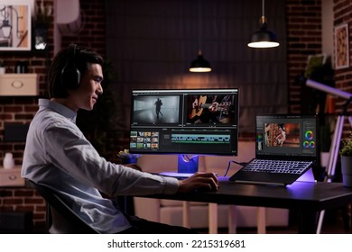 Film Maker Working On Video Production, Editing Multimedia Montage And Movie Footage To Create Agency Content. Using Software On Computer To Edit Professional Film With Color Grading Effects.