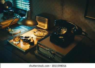 Film Noir Detective Desktop With Revolver, Whiskey And Ashtray, Thriller And Suspense Concept