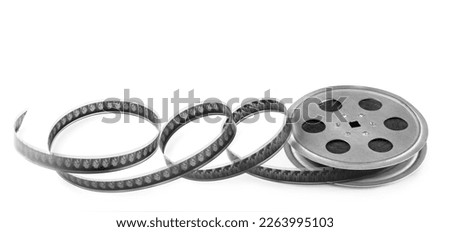 Film reel isolated on white background. Free space for text. Wide photo.