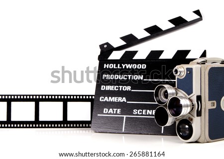 Film strip with clapperboard and vintage camera over white. Stockfoto © 
