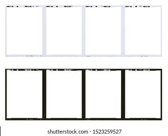 Film strip template, empty developed black and white 120 type (60mm) with 6x4.5 frames in negative and positive isolated on white background with work path.