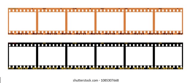 film strip template with frames, empty color 135 type (35mm) in negative and positive isolated on white background with work path.