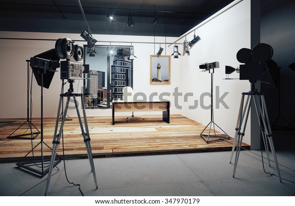 Film\
studio with cameras and movie equipment 3D\
Render
