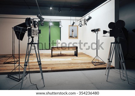 Film studio office decorations with vintage movie cameras 3D Render