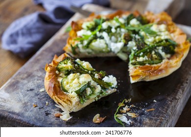 Filo pastry tart with asparagus, broccoli courgette and feta cheese