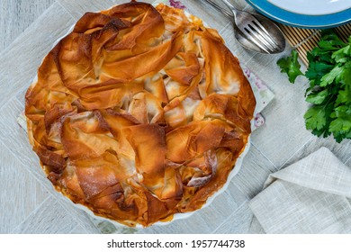 Filo-topped Fish Pie With Halibut, Sea Bass And King Prawns - Overhead View