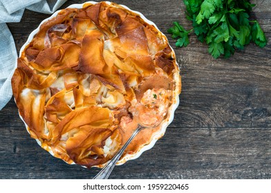 Filo-topped Fish Pie With Halibut, Sea Bass And King Prawns - Overhead View