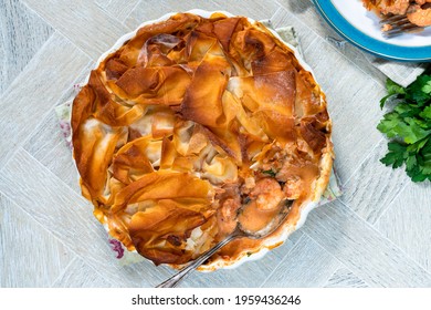 Filo-topped Fish Pie With Halibut, Sea Bass And King Prawns - Overhead View