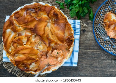 Filo-topped Fish Pie With Halibut, Sea Bass And King Prawns - Overhead View