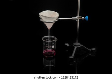 Filter paper in laboratory. Scientists are chemical filtration by filtering through filter paper in a glass funnel, Close up