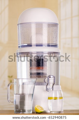Filter system of water purifier on a kitchen background
