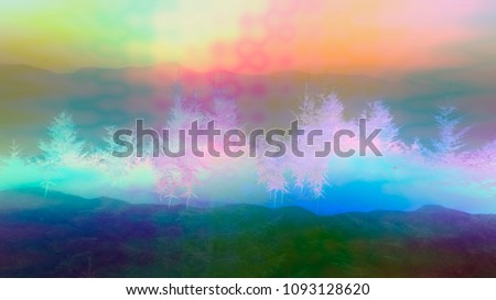 A filtered psychedelic mountain landscape.