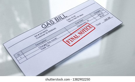 Final Notice Seal Stamped On Gas Bill, Payment For Services, Month Expenses