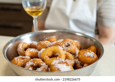 Final Result Of Homemade Tradition Donuts Served With A Cup Of Wine.