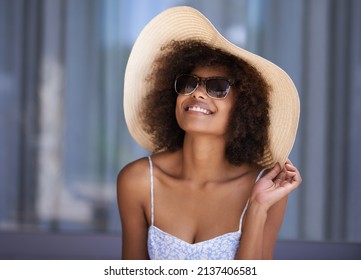I finally get to wear this hat. Attractive ethnic female posing with her summer hat on. - Shutterstock ID 2137406581