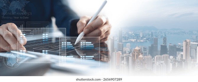 Finance analyst using digital tablet analyzing sales data and financial growth graph chart report, online marketing plan. Business strategy and development. Market research, data analysis