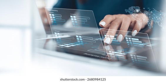 Finance analyst using digital tablet analyzing sales data and financial growth graph chart report, online marketing plan. Business strategy and development. Market research, data analysis