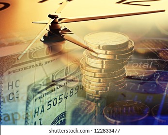 Finance Background With Clock Face And Money.