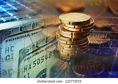 Finance background with money and pc. Finance concept.