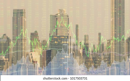 Finance Background. Up Trend Line Graph Stock Market And Bar Chart Volume Trading With Index Forex Market In Business City Background.