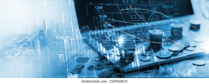 Finance And Banking Concept, Double Exposure Rows Of Coins And Investment Growth Graph On Laptop, Stock Market And Currency Exchanges. Blue Tone.