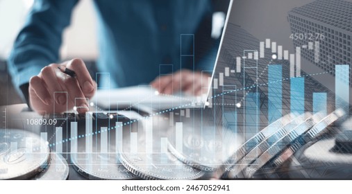 Finance, banking and investment, Asset allocation, budget management. Business woman calculating financial report, cost control and budgeting with business data graph growth chart. Tax and budgeting - Powered by Shutterstock