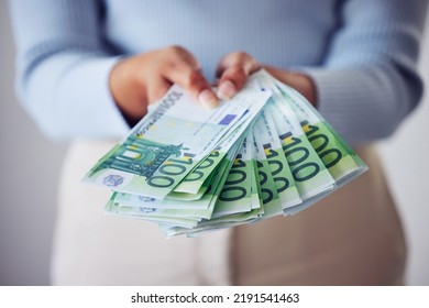 Finance, Bonus And Investment Hand Holding Money, Cash Or Bank Notes For Savings, Wealth Or Spending Closeup. Woman With Lots Of Bills, Financial Growth Or Profit Used For Large Purchase Or Payment