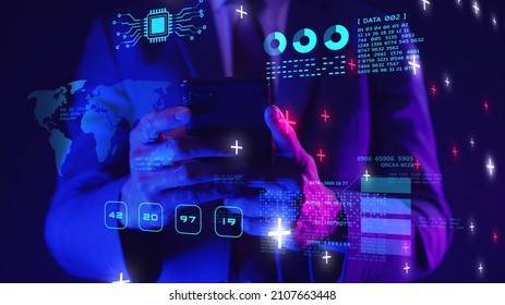 Finance business graph chart data report, crypto, blockchain trading, businessman in suit with mobile phone present global business information virtual meeting hologram technology