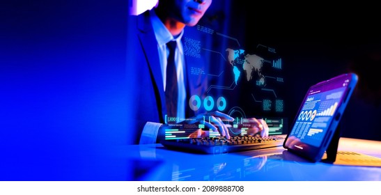 Finance Business Investment Data Analytics Strategy Report, Crypto Currency Blockchain Stock Exchange Graph Chart And Business Man In Suit Typing On Keyboard Computer, Financial And Technology.