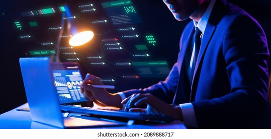 Finance business investment data analytics strategy report, crypto currency blockchain stock exchange graph chart and business man in suit typing on keyboard computer, financial and technology.