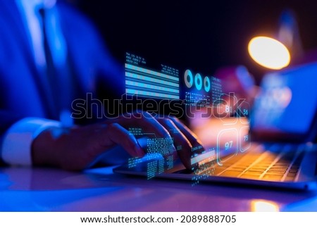 Finance business investment data analytics strategy report, crypto currency blockchain stock exchange graph chart and business man in suit typing on keyboard computer, financial and technology.