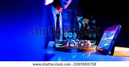 Finance business investment data analytics strategy report, crypto currency blockchain stock exchange graph chart and business man in suit typing on keyboard computer, financial and technology.