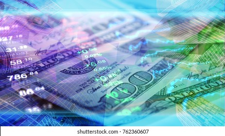 Finance Concept Image, Corporate Design For Economy And Finance News. Stock Market Data At Background Of 100 US Dollar Bills.